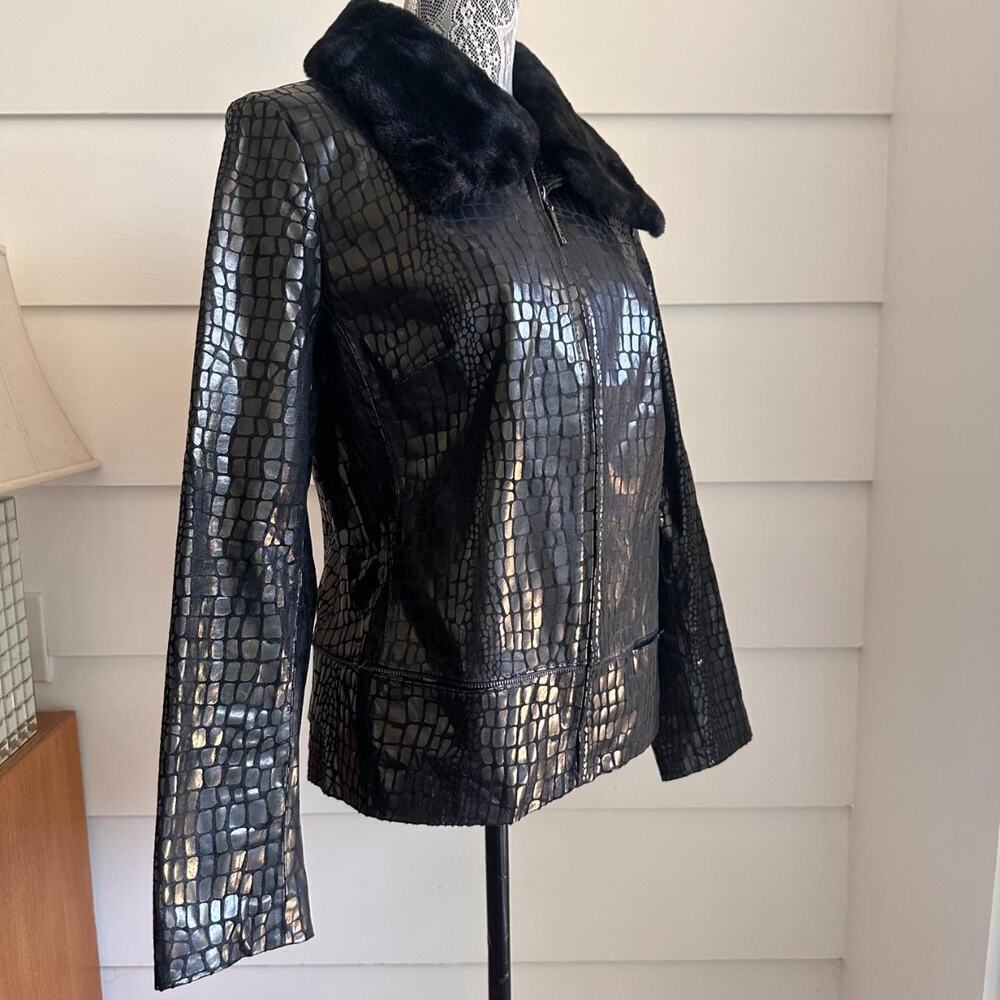 Y2K Leather Jacket Crocodile Embossed Faux Fur Collar